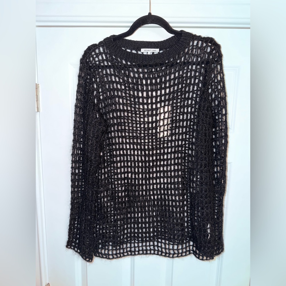 Women’s Helmut Lang Hand Knit Crochet Long Sleeve Shirt Size Medium Black